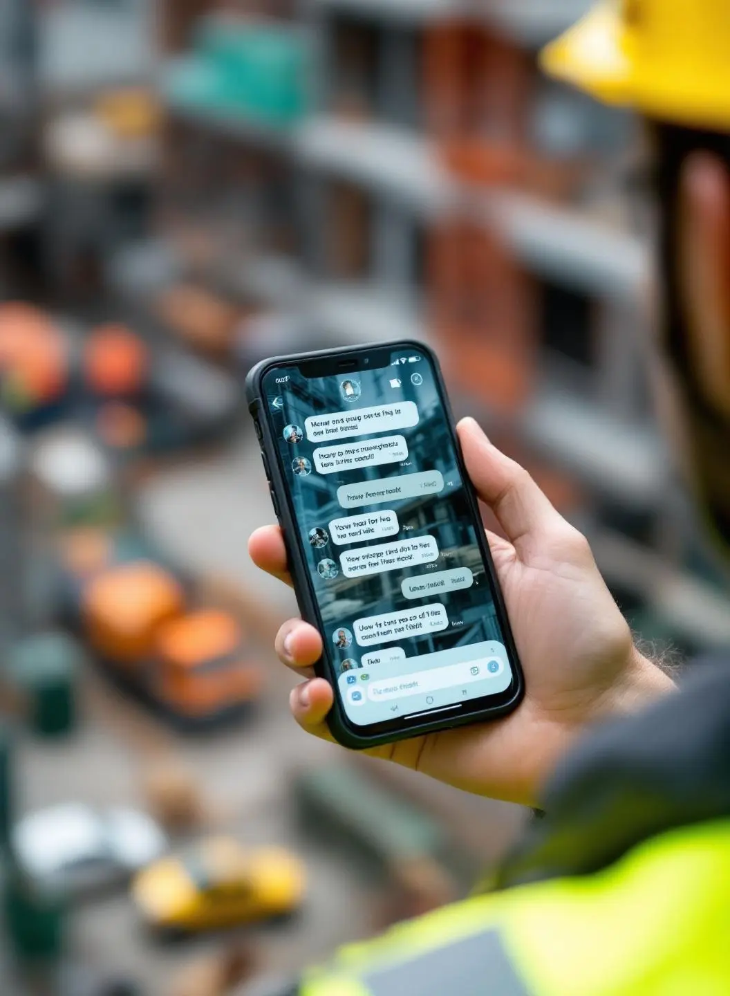 Construction worker scrolling through a chaotic WhatsApp group of defect photos