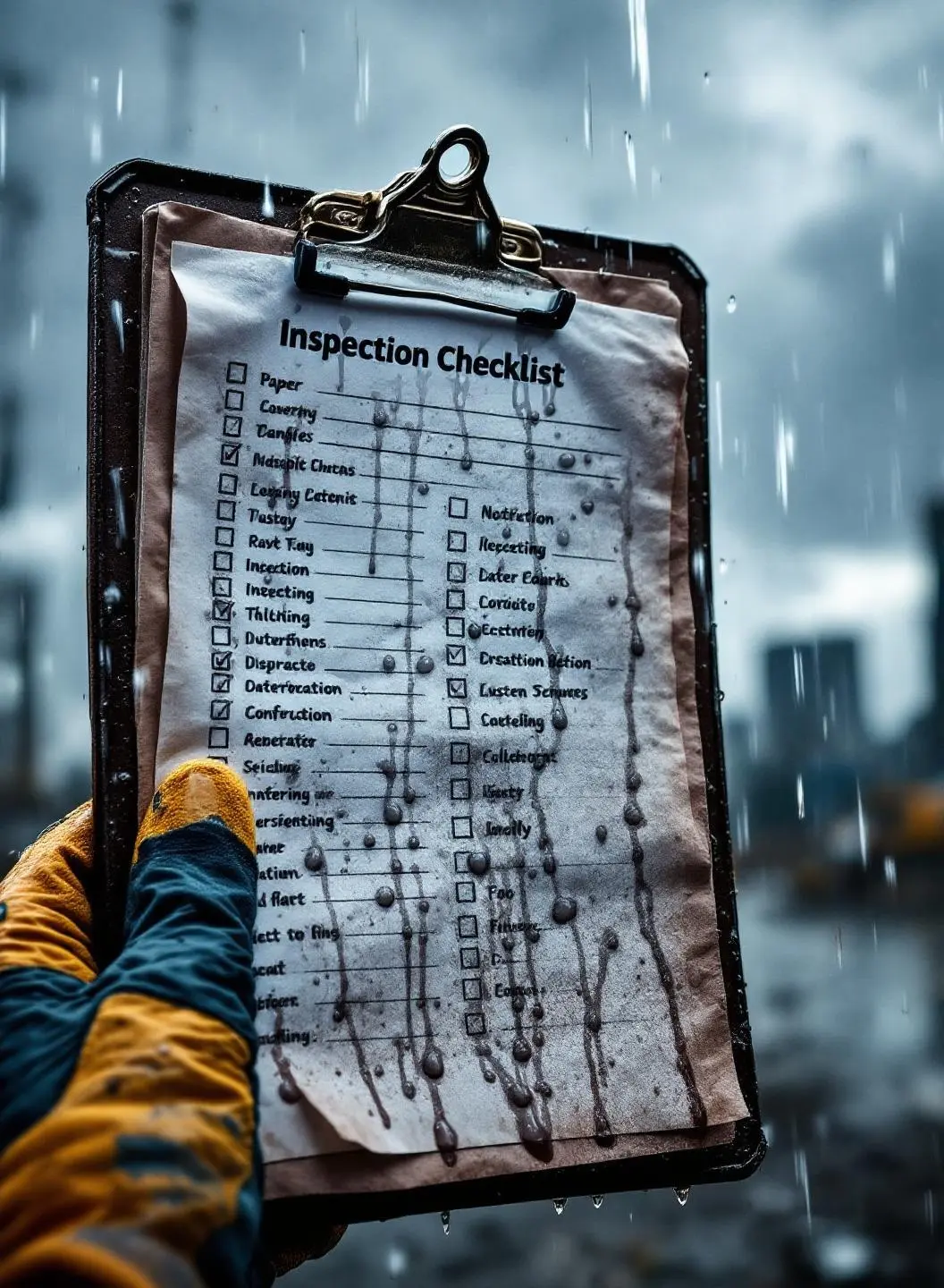 Paper inspection checklist getting ruined in rain at a construction site