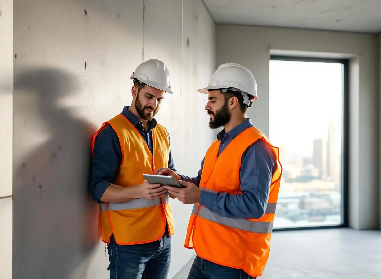 Construction professionals inspecting a defect with a tablet on site
